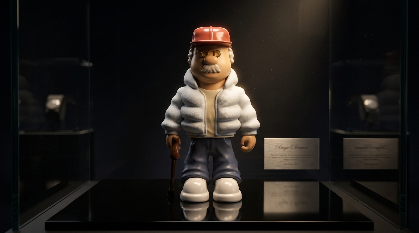 Figura GRMP expuesta en una vitrina de museo, iluminada con placas de autor