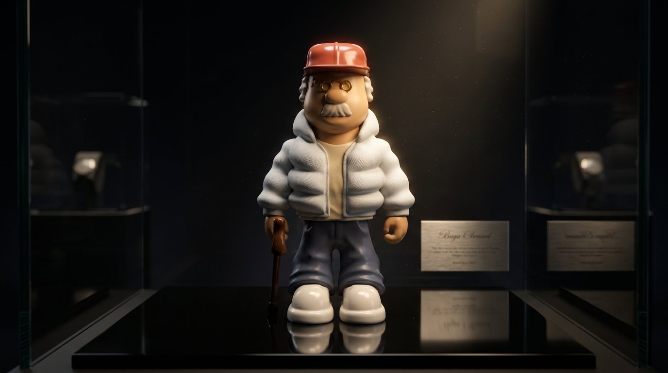 Figura GRMP expuesta en una vitrina de museo, iluminada con placas de autor